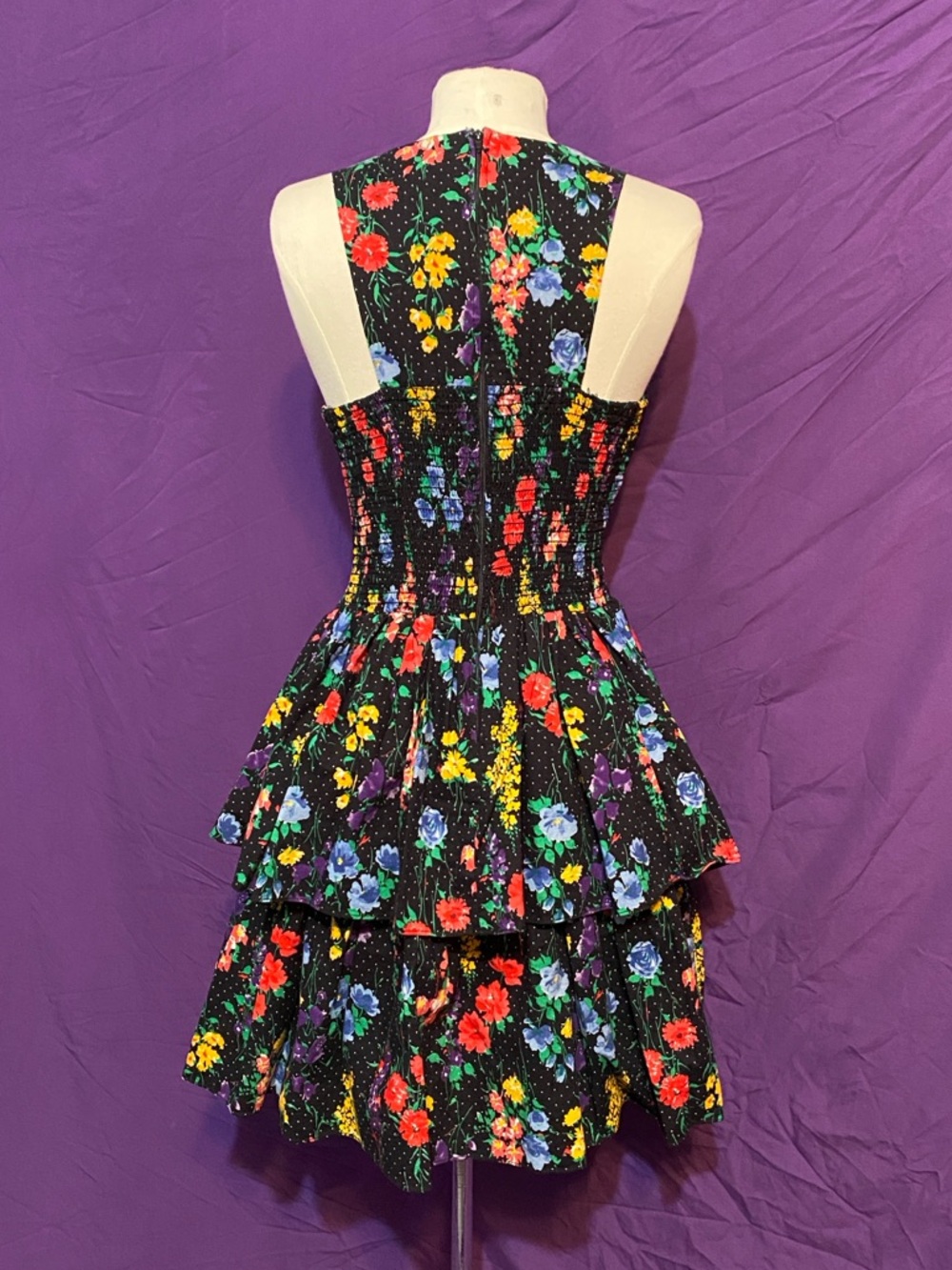 Vintage 80s All that Jazz Black Floral Tiered Mini Dress with Bright Blooms. - Picture 4 of 6